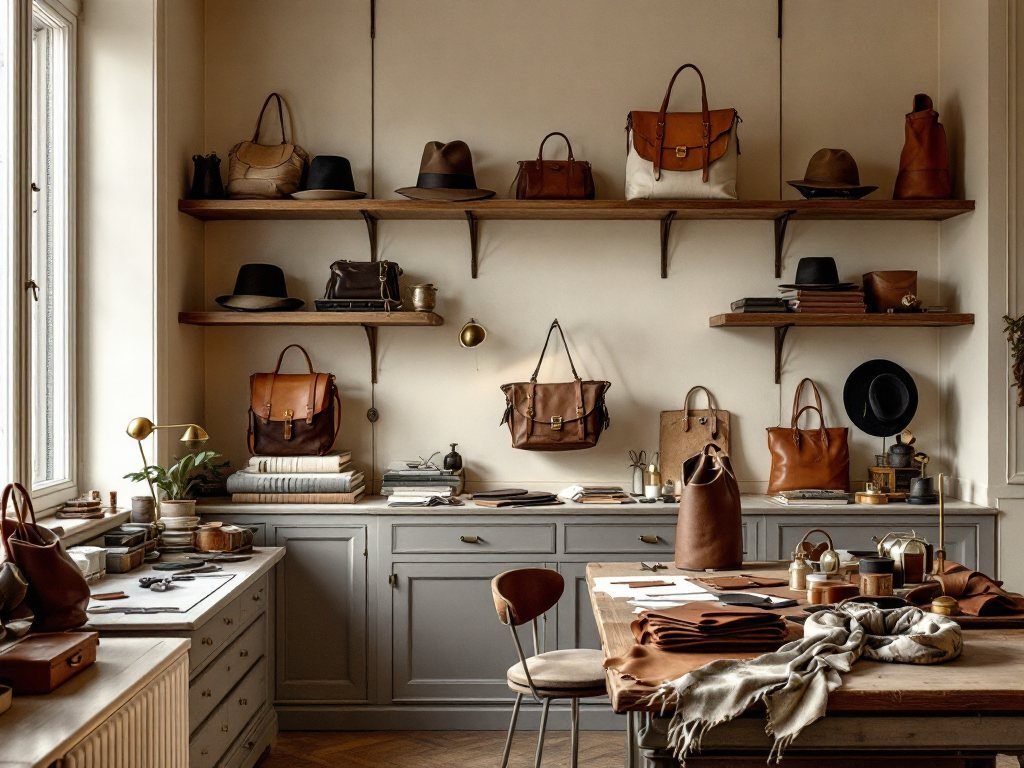 Atelier de maroquinerie, étagères en chêne et table de travail