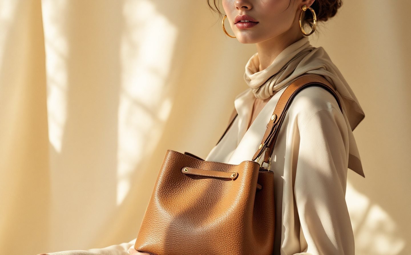 Femme portant un sac seau en cuir cognac, des créoles dorées et un foulard de soie