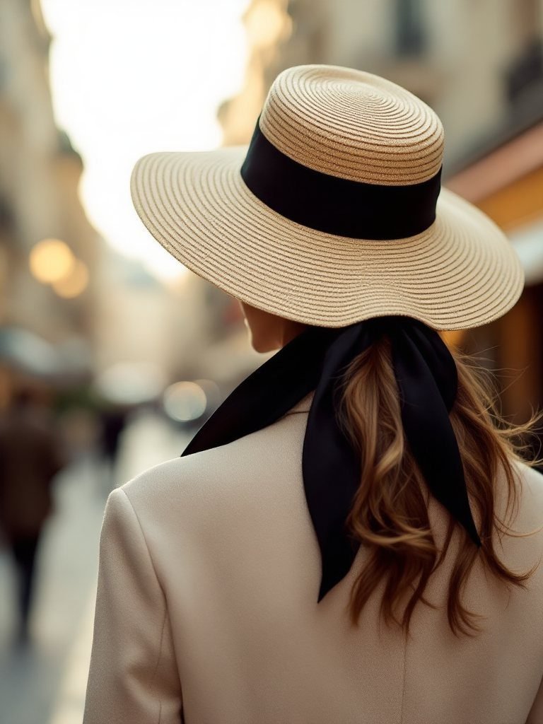 Femme portant une capeline et un foulard dans une rue parisienne